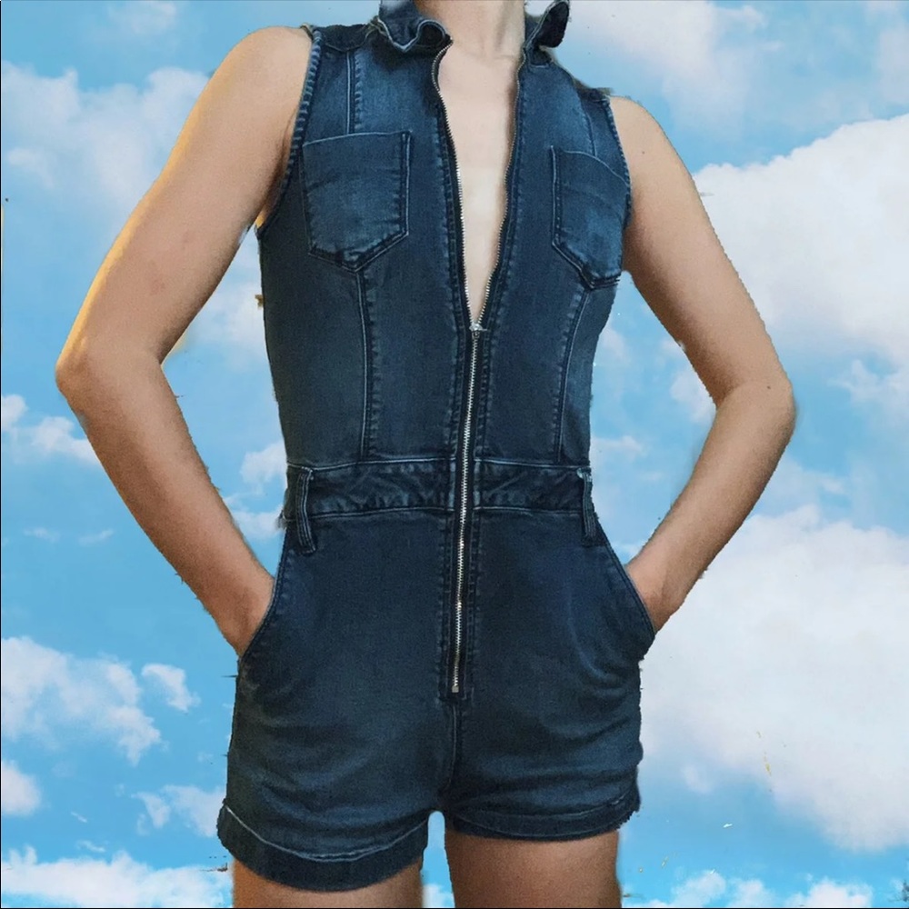 Denim Jean Zip Front Belted Romper